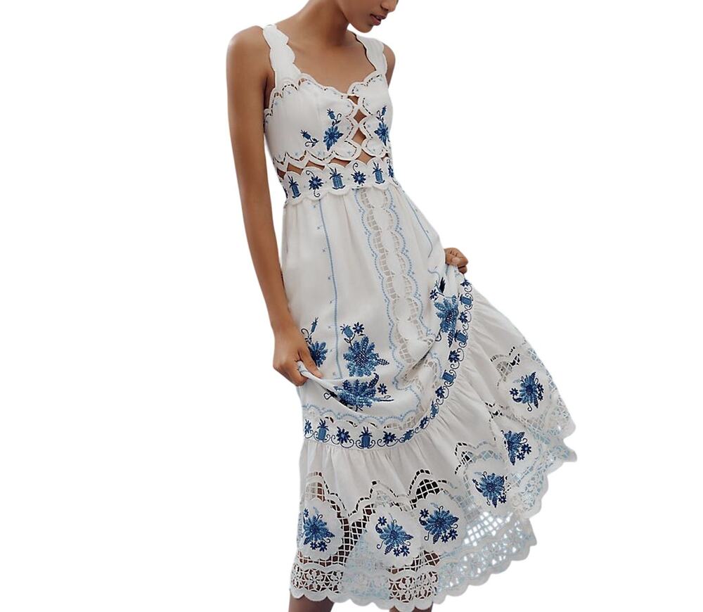 Farm Rio Embroidered White Cross Stitch Richelieu Dress Size S